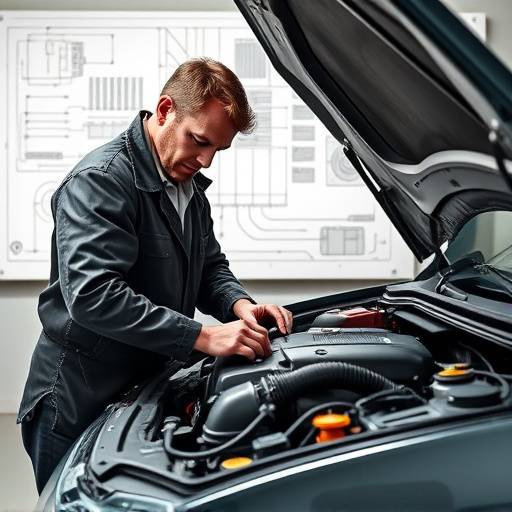 Mechanik opravuje motor automobilu s diagramom v pozad&iacute;